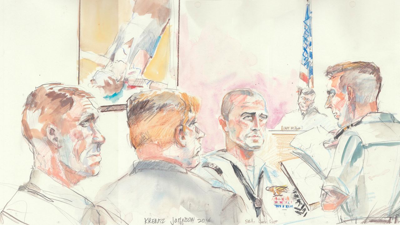 Navy SEAL medic Corey Scott, center, testified in the trial of Chief Special Warfare Operator Eddie Gallagher at a San Diego military court Thursday.