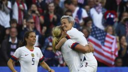 United States' midfielder Lindsey Horan (C) celebrates with United States' forward Megan Rapinoe (R)  after scoring a goal  during the France 2019 Women's World Cup Group F football match between Sweden and USA, on June 20, 2019, at the Oceane Stadium in Le Havre, northwestern France. (Photo by Damien MEYER / AFP)        (Photo credit should read DAMIEN MEYER/AFP/Getty Images)