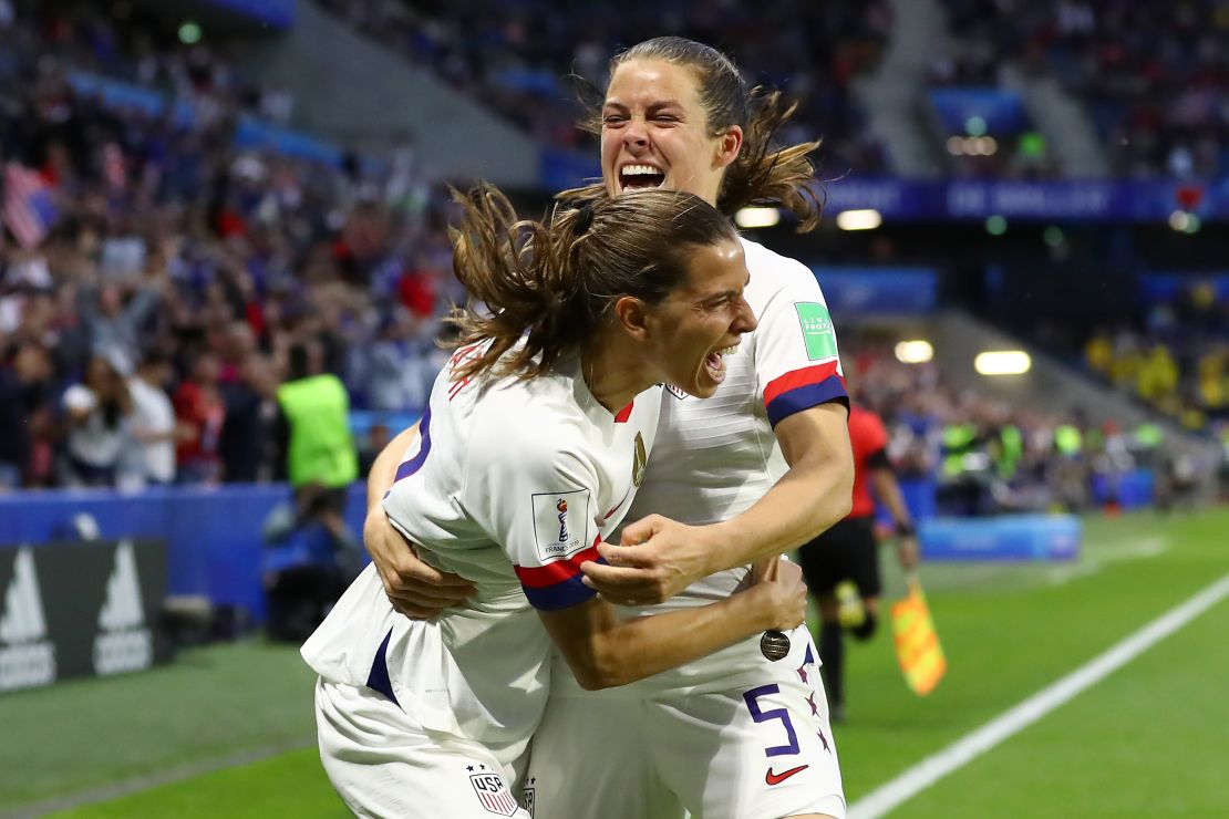 Heath celebrates with Kelley O'Hara after the US' second goal. 