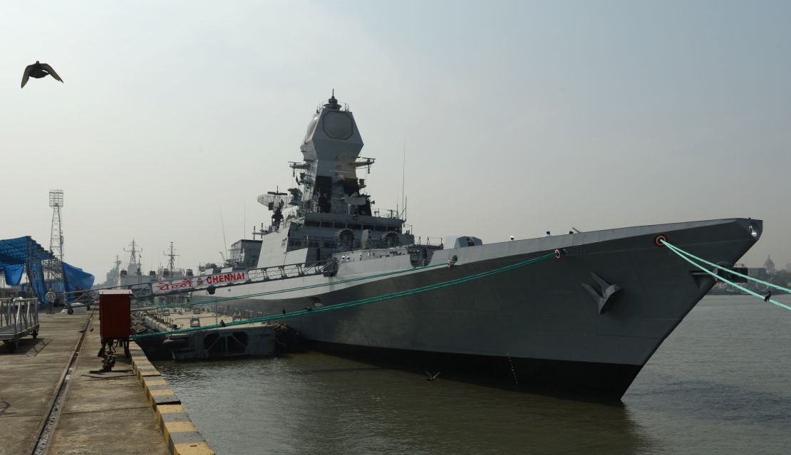 The Indian guided-missile destroyer INS Chennai is shown ahead of its commissioning into the Indian Navy in Mumbai on November 18, 2016. The ship is heading to the Gulf of Oman to help protect Indian shipping from the attacks that have been happening there.