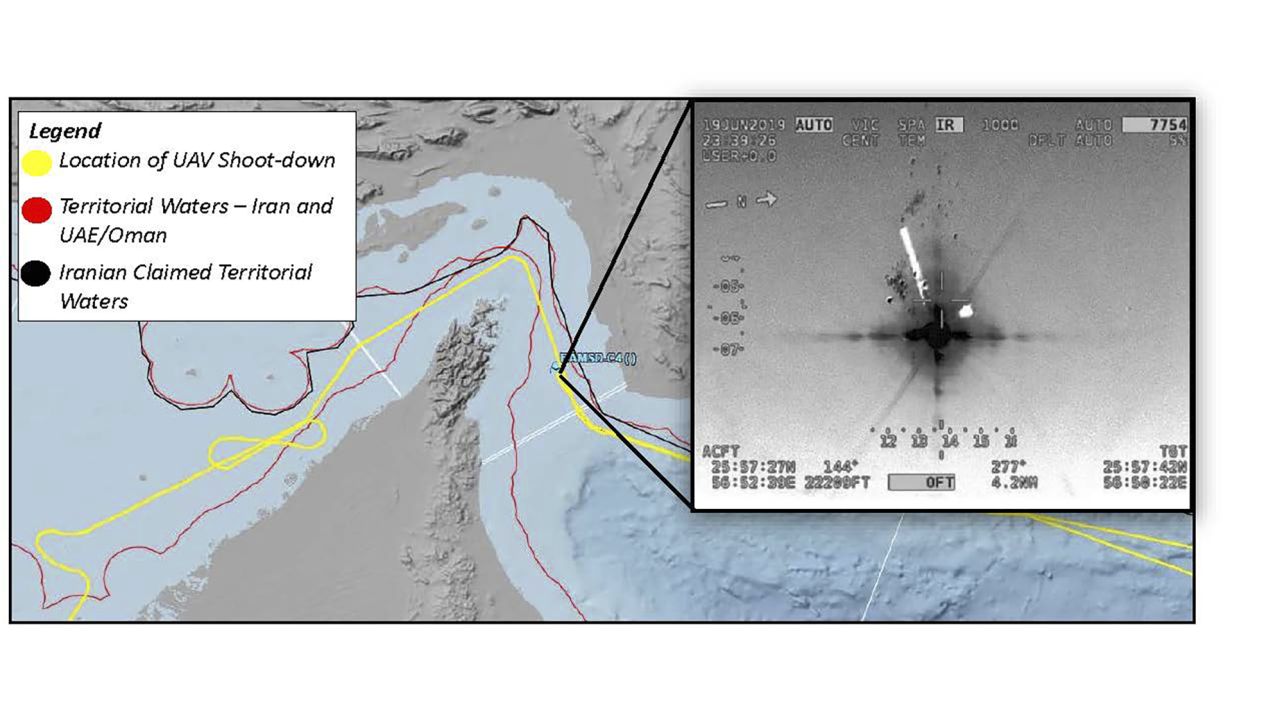This image released by the U.S. military's Central Command shows what it describes as the flight path and the site where Iran shot down a US drone in the Strait of Hormuz on Thursday, June 20, 2019.