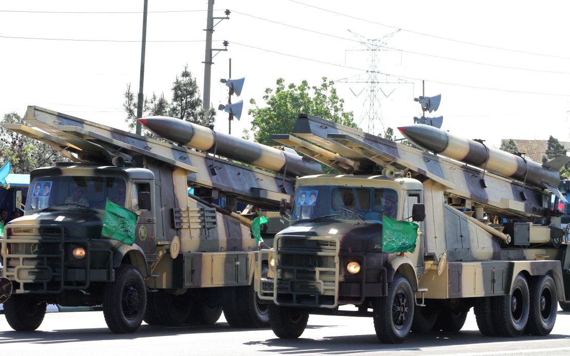 Iranian military trucks carry surface-to-air missiles during a parade on Army Day, in Tehran in April 2017.