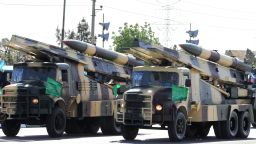 Iranian military trucks carry surface-to-air missiles during a parade on the occasion of the country's Army Day, on April 18, 2017, in Tehran. / AFP PHOTO / ATTA KENARE        (Photo credit should read ATTA KENARE/AFP/Getty Images)