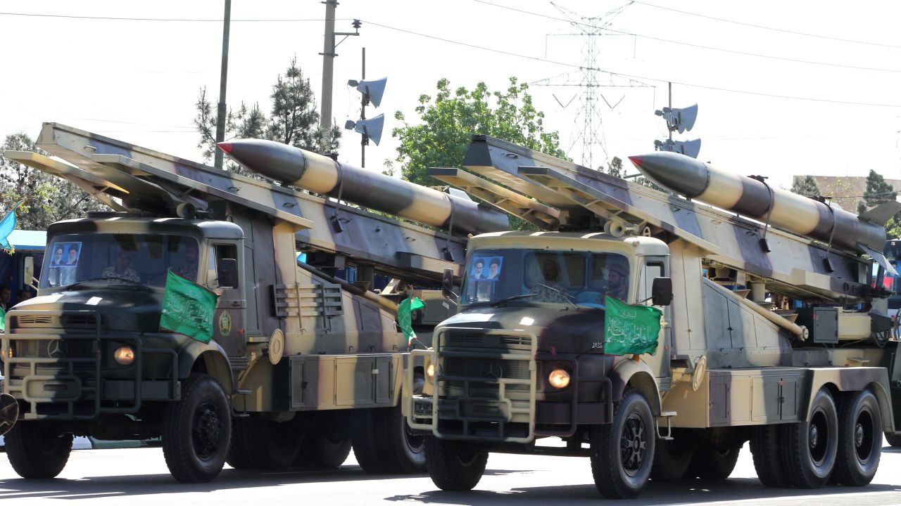 Iranian military trucks carry surface-to-air missiles during a parade on Army Day, in Tehran in April 2017.
