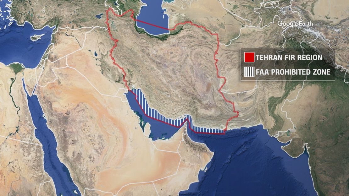 The FAA has directed US carriers not to fly above overwater parts of the Tehran FIR, or flight information region.
