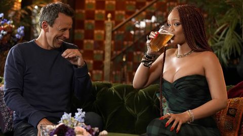 Seth Meyers and singer Rihanna during "Seth and Rihanna Go Day Drinking" on June 20, 2019