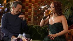 LATE NIGHT WITH SETH MEYERS -- Episode 851 -- Pictured: (l-r) Host Seth Meyers and singer Rihanna during "Seth and Rihanna Go Day Drinking" on June 20, 2019 -- (Photo by: Jon Pack/NBC)