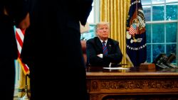 President Donald Trump sits at his desk after talking with Mexican President Enrique Pena Nieto on the phone in the Oval Office of the White House, Monday, Aug. 27, 2018, in Washington. Trump is announcing a trade "understanding" with Mexico that could lead to an overhaul of the North American Free Trade Agreement.
Trump made the announcement Monday in the Oval Office, with Mexican President Enrique Pena Nieto joining by speakerphone. (AP Photo/Evan Vucci)