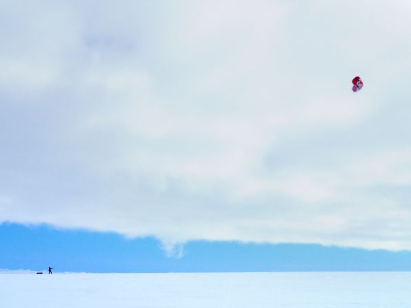 After reaching the South Pole, Davidsson was able to kite ski on the return journey (pictured). She made the journey back to the coast of Antarctica in 12 days -- less than a third of the time it took to ski there.