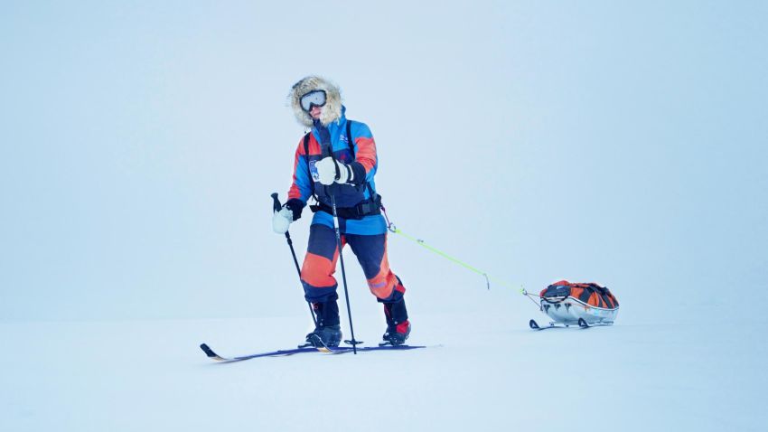 Davidsson makes her way across the Antarctic ice. The adventurer's 1,130 kilometer journey to the South Pole was unsupported and she towed a sled weighing 110 kilograms at the start.