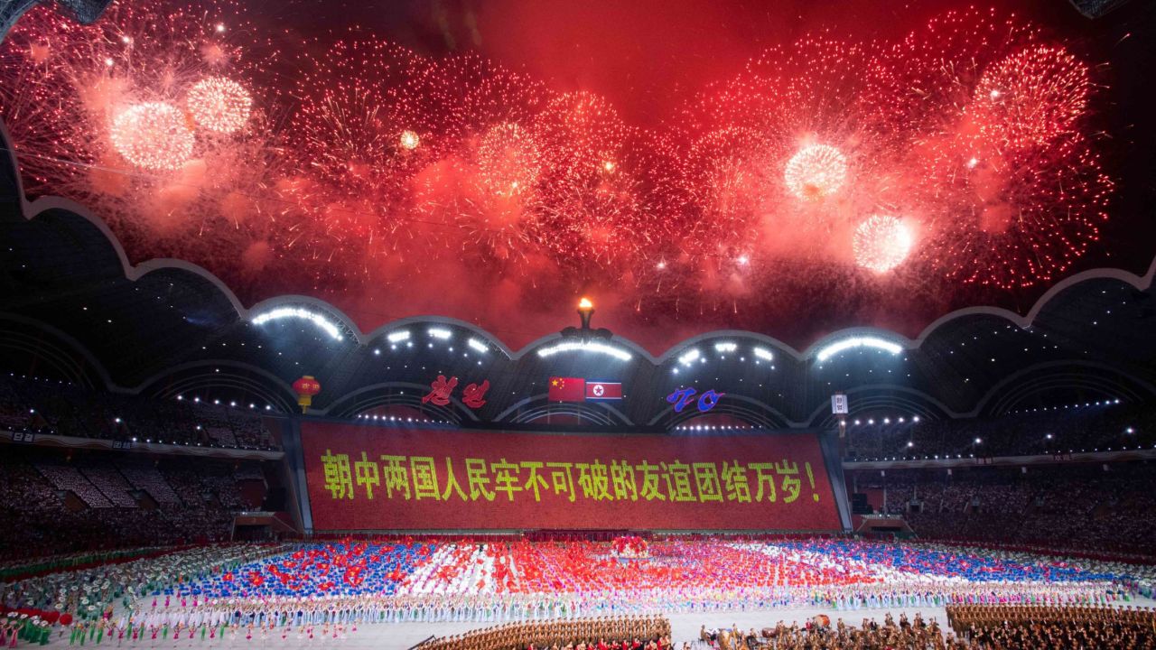 A large group callisthenics and art performance is held at the May Day Stadium in Pyongyang on June 20.