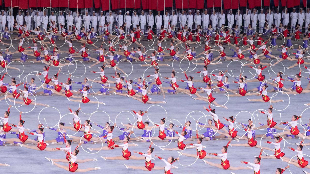 A large group callisthenics and art performance in Pyongyang for Xi Jinping and Kim Jong Un on June 20.