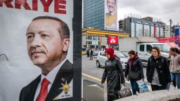 On 16 March, 2019, political campaign posters and banner ads for Turkey's municipal elections featuring Turkish President Recep Tayyip Erdogan and Mehmet Ozhaseki, the mayoral candidate for Ankara from the ranks of the ruling Justice and Development Party (AKP), hang over pedestrians walking in the streets of central Ankara, Turkey. (Photo by Diego Cupolo/NurPhoto via Getty Images)
