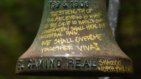 The El Camino Real bell marker appears up close before its removal Friday at UC Santa Cruz. 