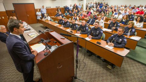 Democratic Presidential candidate and South Bend, Indiana Mayor Pete Buttigieg speaks to newly sworn in police officers on Wednesday, June 19, 2019, at the South Bend Police Department.