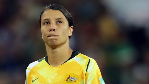 An abject Sam Kerr after sending her penalty effort high and wide in the shoot-out against Norway. 