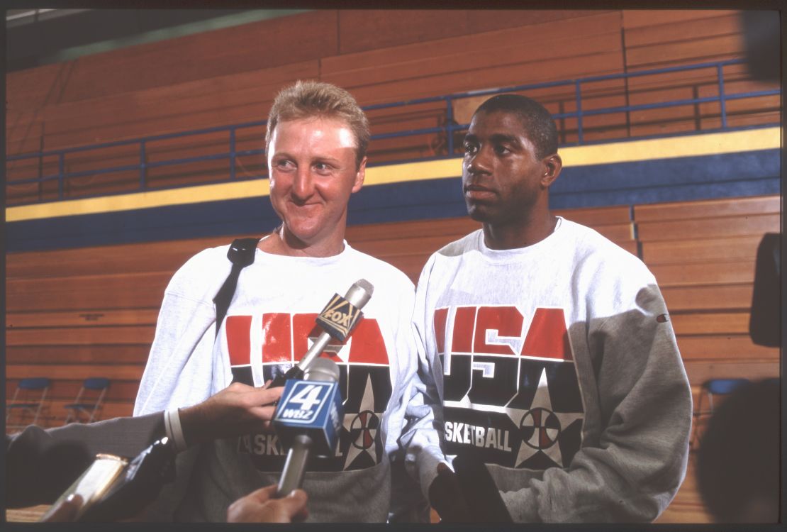 Bird and Johnson answer questions from the media after practice for the men's basketball competition at the 1992 Summer Olympics in Barcelona, Spain. 
