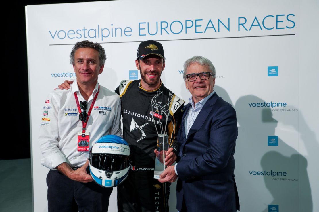 Jean-Eric Vergne (FRA) receives the Voestalpine Trophy after his victory in the Bern E-Prix.