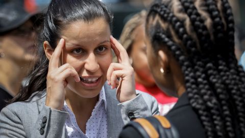 Queens District Attorney candidate Tiffany Caban, left, speaks with civil rights activist Tamika Mallory.