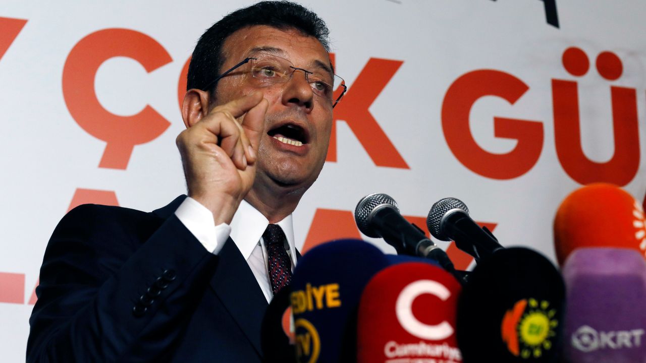 Ekrem Imamoglu of the opposition Republican People's Party speaks to his supporters on Sunday.