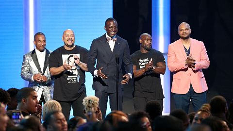 Korey Wise, Raymond Santana Jr., Yusef Salaam, Antron McCray, and Kevin Richardson speak onstage at the 2019 BET Awards