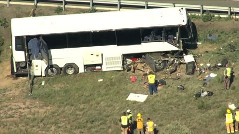 A church charter bus carrying 10 adults and five children crashed in Pueblo, Colorado, Sunday, June 23, 2019. Two people died as a result of the crash. 