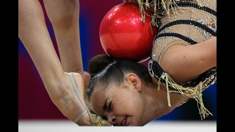 Russia's Dina Averina competes in the Rhythmic Gymnastics Individual Multiple event at the European Games in Minsk, Belarus, on Saturday, June 22.