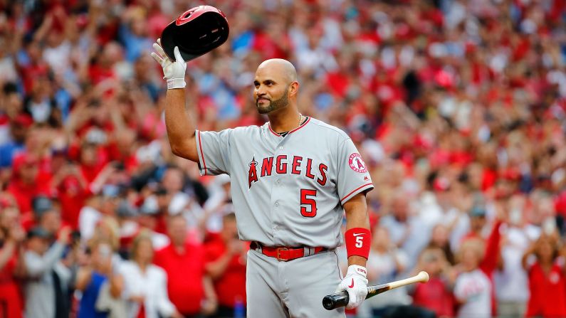Albert Pujols of the Los Angeles Angels receives a standing ovation from St. Louis Cardinals fans prior to his first at bat of a baseball game at Busch Stadium in St. Louis on Friday, June 21. <a href="index.php?page=&url=https%3A%2F%2Fbleacherreport.com%2Farticles%2F2842340-video-angels-albert-pujols-gets-standing-ovation-from-cardinals-crowd-after-hr" target="_blank" target="_blank">Pujols, who was once the face of the Cardinals franchise</a>, made his first return trip to St. Louis since leaving the organization following the 2011 season.
