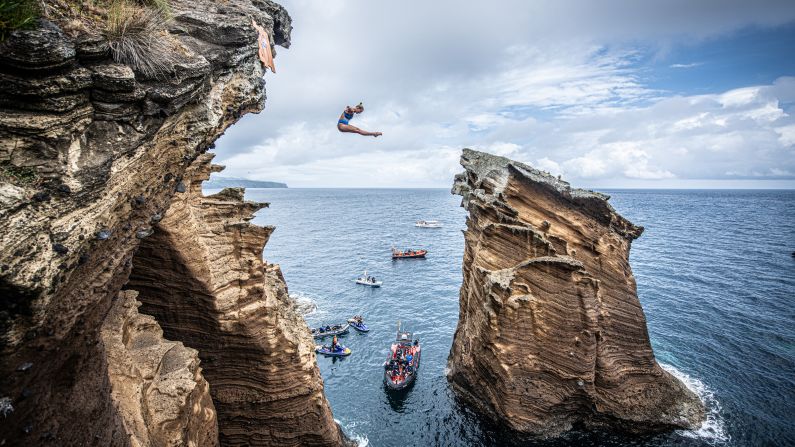 Rhiannan Iffland of Australia dives from a 21 metre cliff at the Snakehead on Islet Vila Franca do Campo at the fourth stop of the Red Bull Cliff Diving World Series in Sao Miguel, Azores, Portugal on Thursday, June 20.