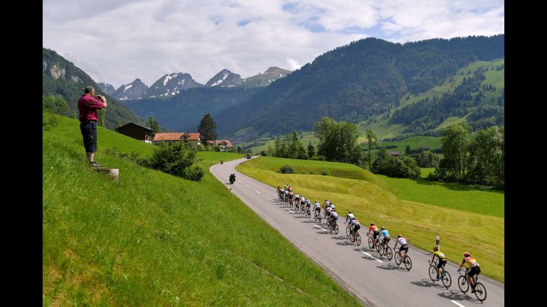 Cyclists ride through the mountains during stage 6 of the 83rd Tour of Switzerland in Flumserberg, Switzerland on June 20.