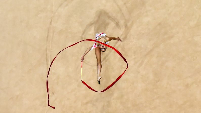 Russia's Dina Averina competes in the ribbon event of the rhythmic gymnastics individual final at the European Games in Minsk on June 23.