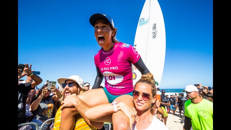 Sally Fitzgibbons of Australia celebrates winning the Oi Rio Pro for the third time in her career in Rio de Janeiro, Brazil on June 23.