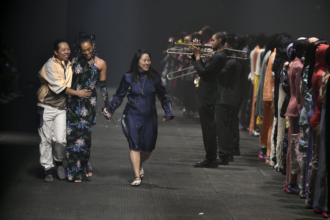 Humberto Leo, Solange Knowles and Carol Lim walk the runway during the Kenzo Menswear Spring Summer 2020 fashion show as part of Paris Fashion Week on June 23, 2019 in Paris, France.