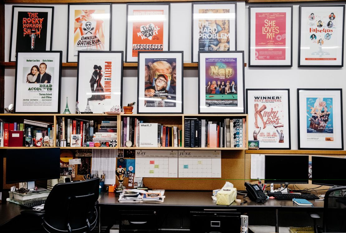 Posters for a selection of David Rockwell's Broadway set design projects are seen in his office.