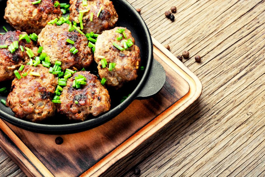 <strong>Keftedes (Κεφτέδες): </strong>These bite-sized meatballs are prepared by mixing pork, veal or lamb mince and finely grated onion with dampened stale bread, scented with fresh mint and  with egg yolk. 