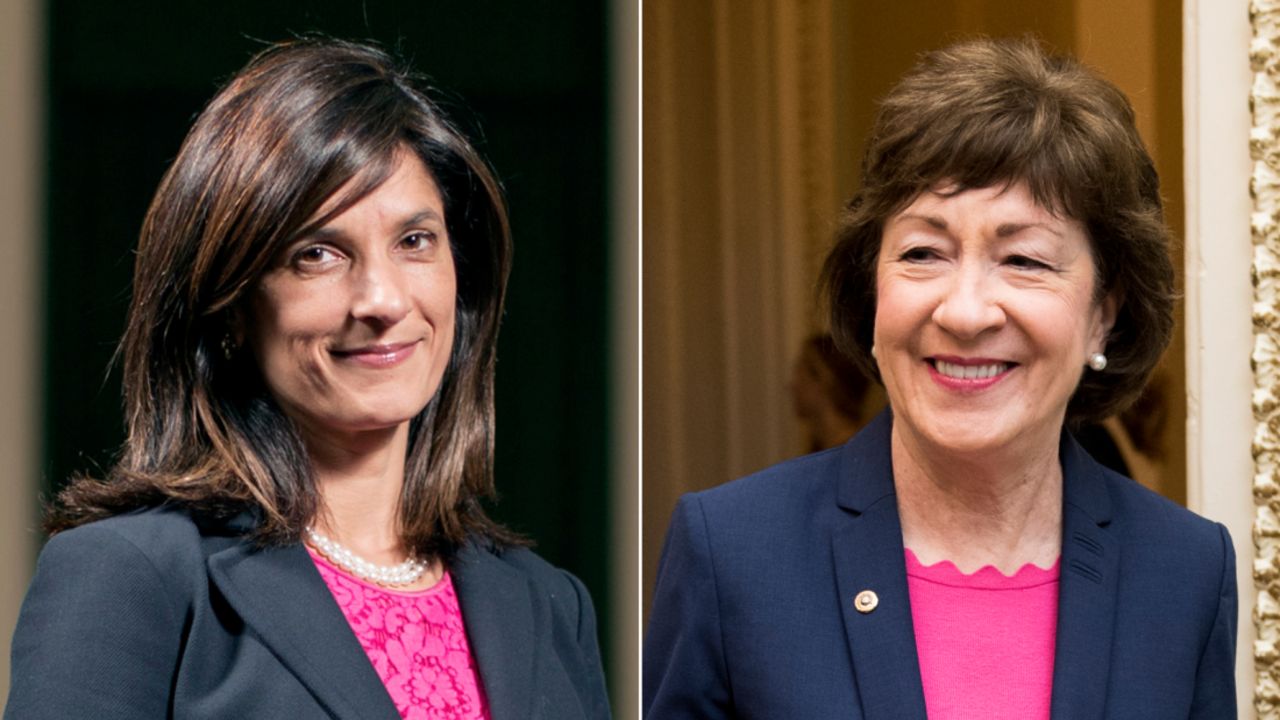 At left, Maine state House Speaker Sara Gideon, and at right, Sen. Susan Collins. Gideon is challenging Collins in her bid for reelection to the US Senate. 