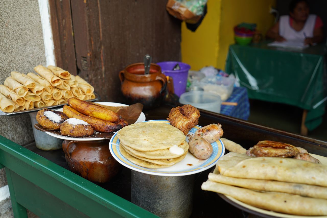 <strong>Traditional dishes: </strong>Chorizo, pupusas, rellenitos (plantain stuffed with black beans) and the Guatemalan version of a taco (corn tortillas stuffed with potato) are among many traditional staples.