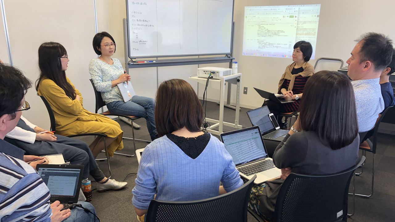 Tae Amano addresses a Sunday meeting of Miraco, the group she co-founded to advocate for better day care availability and more support for parents in Japan.