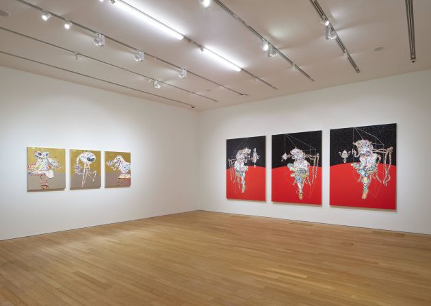 A series of triptychs draw inspiration from works by artist Francis Bacon. From left to right: "Bacon: Monsters" (2019) and "Bacon: Three Studies of Lucian Freud, Red and Black" (2017).