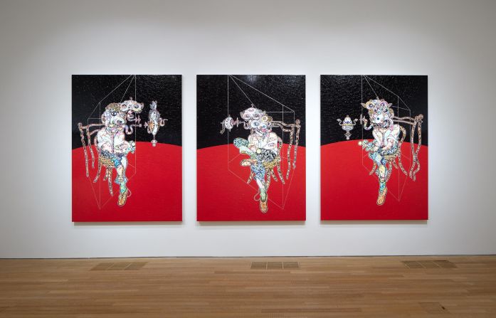 Since the early 2000s, Murakami has made artworks inspired by Bacon's characteristic distorted figures. This triptych, "Bacon: Three Studies of Lucian Freud, Red and Black" (2017), features similar compositions to Bacon's 1969 portraits of painter Lucian Freud. 