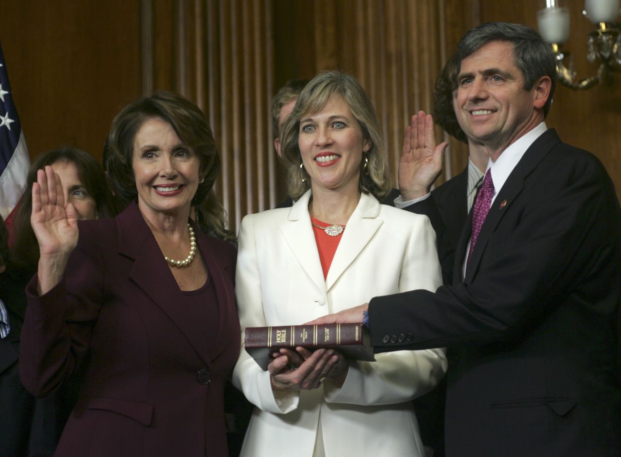 Sestak is joined by his wife, Susan, and House Speaker Nancy Pelosi during his mock swearing-in. He was re-elected in 2008.