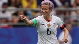 United States' forward Megan Rapinoe celebrates after scoring a goal during the France 2019 Women's World Cup round of sixteen football match between Spain and USA, on June 24, 2019, at the Auguste-Delaune stadium in Reims, northern France. (Photo by Lionel BONAVENTURE / AFP)        (Photo credit should read LIONEL BONAVENTURE/AFP/Getty Images)