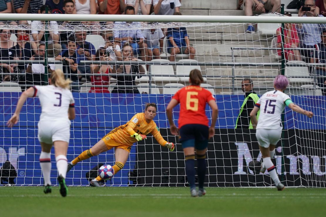 Rapinoe scores her first penalty of the match. 