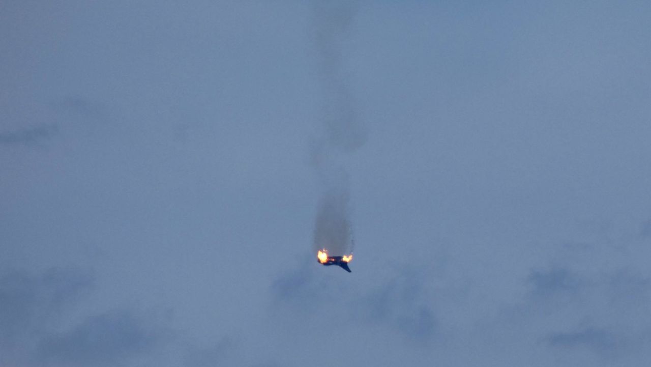 A burning aircraft of the type "Eurofighter" of the Bundeswehr is seen in the sky above Malchow on June 24, 2019. - One pilot was killed after two German fighter jets collided and crashed Monday in the north of the country, an airforce spokesman said, with the reason for the accident unclear. (Photo by Thomas Steffan / dpa / AFP) / Germany OUT        (Photo credit should read THOMAS STEFFAN/AFP/Getty Images)