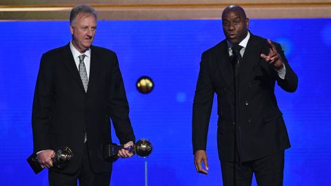 Larry Bird and Magic Johnson accept the Lifetime Achievement Awards onstage during the 2019 NBA Awards.