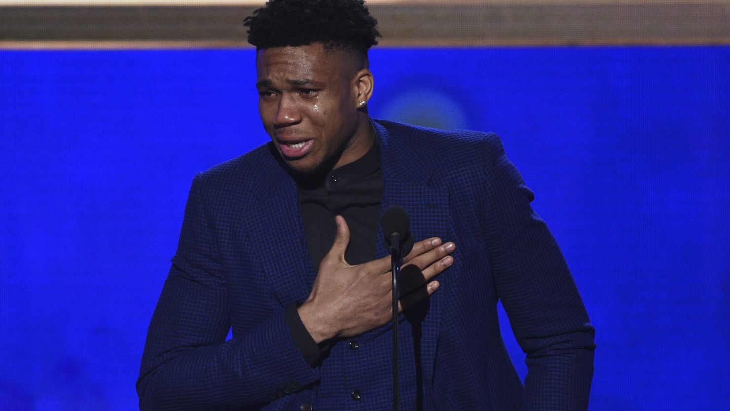 Giannis Antetokounmpo, of the Milwaukee Bucks, reacts as he accepts the most valuable player award at the NBA Awards on Monday.