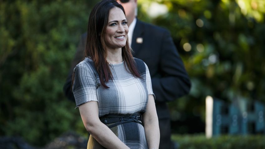 Stephanie Grisham, spokeswoman for first lady Melania Trump, watches as President Donald Trump and the first lady greet attendees during the annual Congressional Picnic on the South Lawn, Friday, June 21, 2019, in Washington. (AP/Jacquelyn Martin)