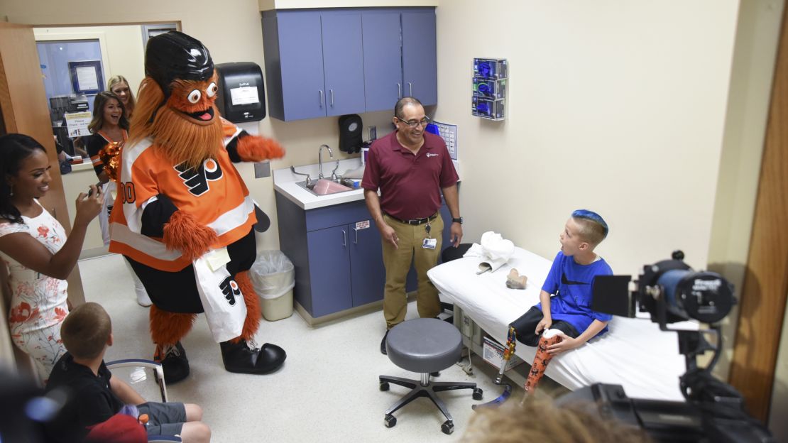 Surprise! Gritty stunned Caiden, who had just received his custom Gritty prosthetic leg. 