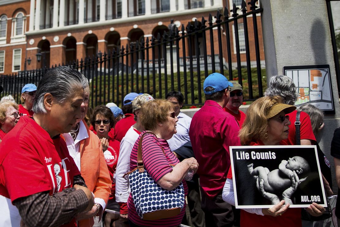 Anti-abortion activists hold a rally outside the Massachusetts Statehouse in Boston on June 17, 2019.