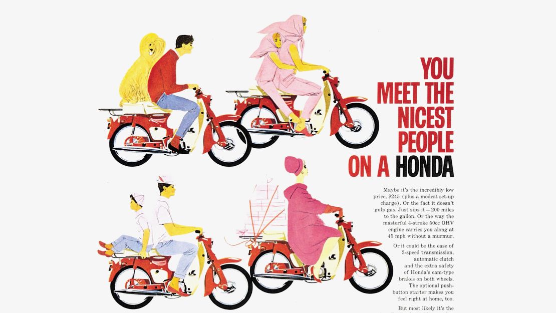 Honda's 1963 marketing campaign dubbed 'You meet the nicest people on a Honda' aimed to disconnect motorcycles from the rugged, counterculture biker image embodied by US brands.